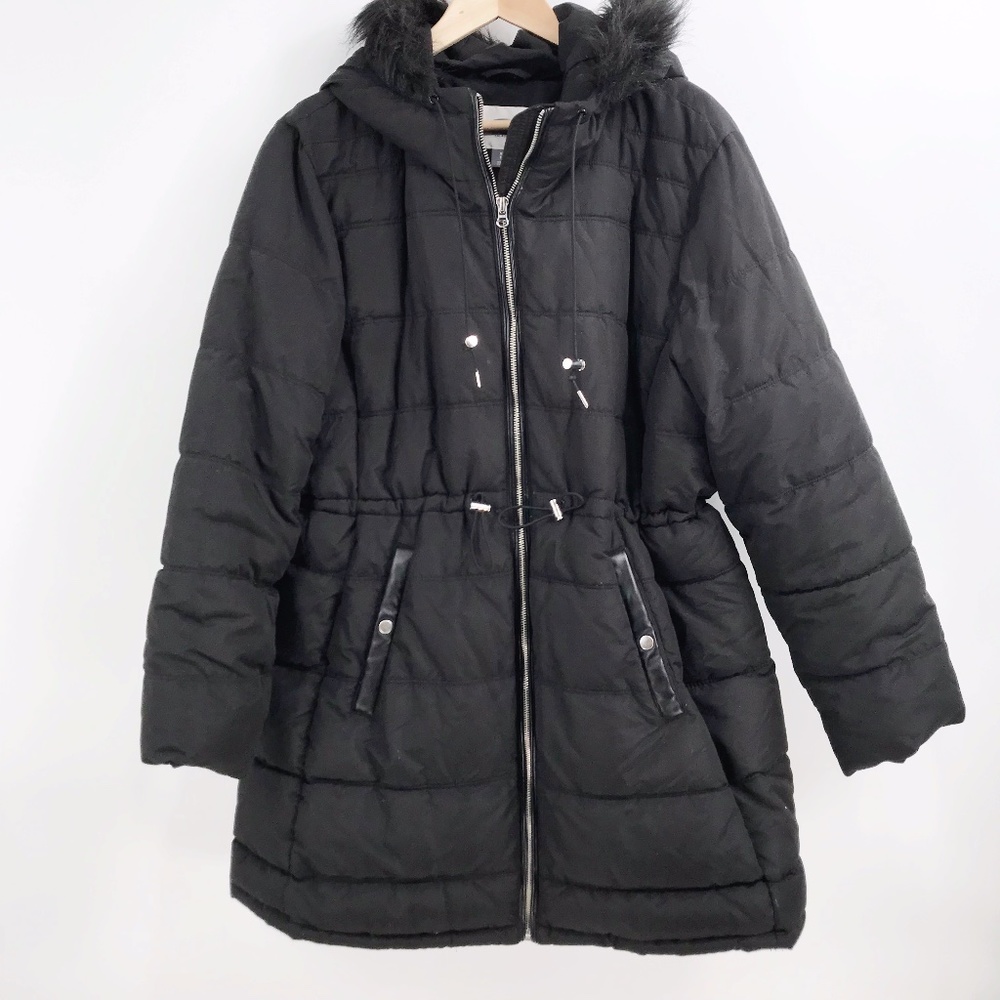 Old Navy XL Black Puffer Coat Faux Fur Trim